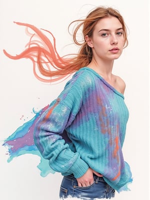 A head close up of a  stunning illustration of a young alluringly beauty woman standing gracefully, wearing an oversized sweater with one shoulder exposed, rendered in the bold, textured brushstrokes of Leonid Afremov combined with the fluidity of ink washing. The sweater is painted vibrant colors, cyan, purples, coral and oranges, sweeping fabric is caught in the wind, swirling around her in expressive, high contrast, thick strokes of paint. The flowing material dances through the air, creating a sense of dynamic motion and energy. The vibrant ink brings a subtle, ethereal quality to the swirling fabric, blending into soft, flowing gradients.The background is minimal, allowing the vibrant sweater and soft ink washes to stand out, as the combination of the great artist Afremov’s energetic style

