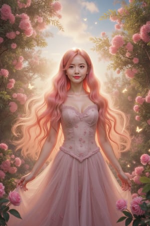 luminism, golden lines, porcelain skin, baroque, long swirling pink hair, lavish pink leaves, falling pink flowers, celestial lighting, butterflies, behind foliage and tree branches, sky, golden glowing, water drops, best quality, masterpiece, high res, absurd res, perfect lighting, vibrant colors, intricate details, high detailed skin, pale skin,