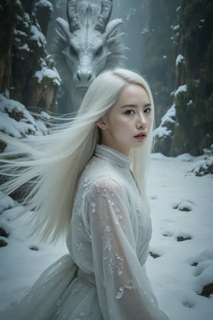 An alluring side photograph of a 22-year-old gorgeous woman with fair skin, beautiful eyes, long white hair spreading against the gust wind, living in a cave, a celestial being, a gigantic Chinese dragon behind her, in the style of an epic fantasy movie still, beautiful scenery of a Chinese fairy tale, misty with glittering white snow covering the ground, graceful figures.