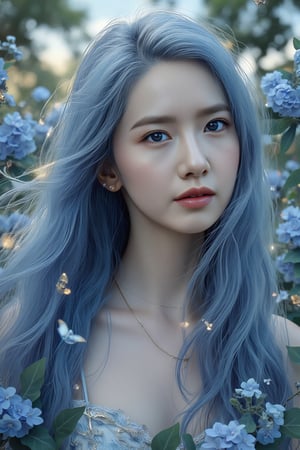 luminism, golden lines, porcelain skin, baroque, long swirling blue hair, lavish ligh blue leaves, falling blue flowers, celestial lighting, butterflies, behind foliage and tree branches, sky, golden glowing, water drops, best quality, masterpiece, high res, absurd res, perfect lighting, vibrant colors, intricate details, high detailed skin, pale skin,