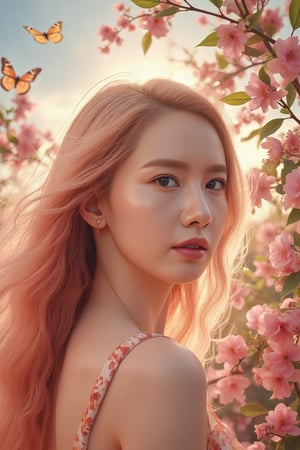 luminism, golden lines, porcelain skin, baroque, long swirling pink hair, lavish pink leaves, falling pink flowers, celestial lighting, butterflies, behind foliage and tree branches, sky, golden glowing, water drops, best quality, masterpiece, high res, absurd res, perfect lighting, vibrant colors, intricate details, high detailed skin, pale skin,