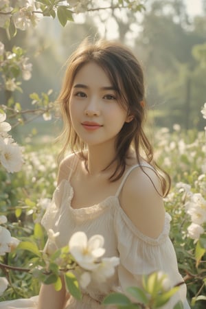 A serene and idyllic scene unfolds as a lovely asian girl sits poised on flower garden, surrounded by pear blossoms. The camera captures her gentle smile and playful pose, with the pear blossoms framing her features. Soft, warm sunlight filters through the misty air, casting a soft glow over the tranquil setting.