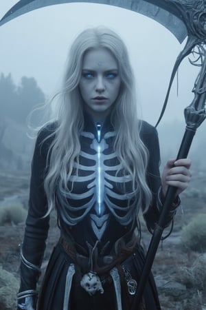 Score_9, score_8_up, score_7_up, In a desolate wasteland shrouded in an eerie mist, Mors, the death demon lord, stands tall, her long silver hair flowing like tendrils of mist around her pale, cold-skinned face. Her ethereal eyes glow with an otherworldly ice blue light, as she raises her scythe, its blade shimmering with an unearthly energy. Her dark, skeletal robe is emblazoned with white bones and skull patterns, blending seamlessly into the bleak landscape. The dynamic pose captures Mors' perfect figure, while the detailed skin texture and perfect anatomy convey a sense of realism. The depth of field brings the viewer's gaze to her radiant, deathly pale skin, as if drawn to her very essence. Movie special effects grade style.