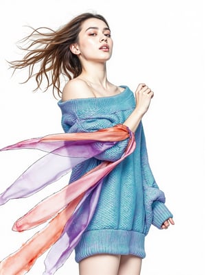 A head close up of a  stunning illustration of a young alluringly beauty woman standing gracefully, wearing an oversized sweater with one shoulder exposed, rendered in the bold, textured brushstrokes of Leonid Afremov combined with the fluidity of ink washing. The sweater is painted vibrant colors, cyan, purples, coral and oranges, sweeping fabric is caught in the wind, swirling around her in expressive, high contrast, thick strokes of paint. The flowing material dances through the air, creating a sense of dynamic motion and energy. The vibrant ink brings a subtle, ethereal quality to the swirling fabric, blending into soft, flowing gradients.The background is minimal, allowing the vibrant sweater and soft ink washes to stand out, as the combination of the great artist Afremov’s energetic style

