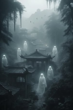 A serene Chinese village nestled deep within a dense forest, depicted in monochrome with foggy atmosphere. The village is surrounded by ghostly apparitions, adding an eerie ambiance. The scene is framed with a wide-angle shot, capturing the entire village and the misty forest. The lighting is soft and diffused, enhancing the mysterious mood. The composition emphasizes the contrast between the village's tranquility and the ghostly presence.