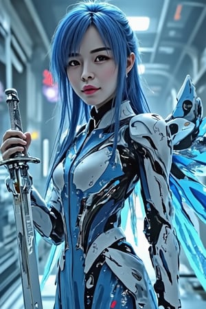 A girl stands in digital cyberspace. Her long hair is a shiny blue, and her straight style gives it a futuristic look. Her bright smile lights up her face and blends in with the digital effects around her. Her costume is a fusion of a bodysuit and a dress, with a shiny bodysuit on the upper half and a flowing dress with digital patterns on the lower half. She holds a digital blade in her hand, and her mechanical wings unfold from her back, reflecting the light of cyberspace. Her camera captures cyberspace from her perspective, emphasizing her character as an adventurer.,real robot