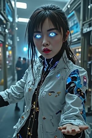 A solo female figure stands confidently, her piercing blue eyes radiating a soft glow. Her robotic/mecha enhancements subtly integrated into her body, giving off a subtle aura of technology. The surrounding environment blurs softly, with the subject standing out against an undefined, futuristic backdrop. Open palms held outward, she exudes a sense of calm authority, illuminated by an otherworldly light that emanates from within her glowing blue eyes.