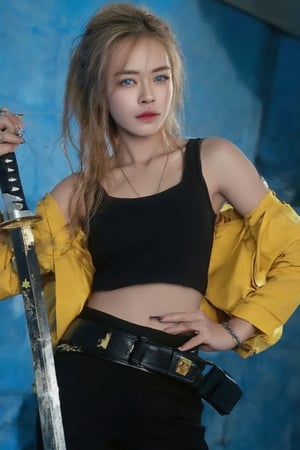 (masterpiece, high quality, ultra-realistic, 8k resolution, fine lineart, highly detailed). A stunning Asian woman with long blonde hair, tied back in a ponytail, stands confidently while holding a large katana in her right hand. She is wearing a sleek black outfit with a yellow jacket draped over her shoulders. Her eyes are a striking blue, and her lips are painted a deep red, creating a vibrant contrast with her outfit. She wears a black leather belt adorned with yellow stars, adding a unique touch to her look. The backdrop is a vibrant blue, which further enhances the contrast between her outfit and the scene, making her stand out. The overall composition captures her strength and confidence, with the sword held firmly in her hand, ready for action. The lighting highlights the textures of her jacket, belt, and sword, making the scene feel dynamic and full of energy.,ct-identityV2