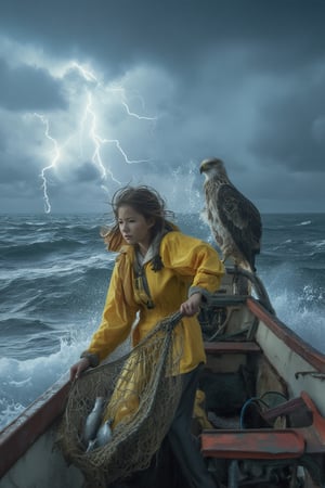 A dramatic seascape unfolds: a young girl, hair whipping in the gusty wind, grips her worn wooden fishing net as she skillfully plucks fish from the turbulent waters. Her bright yellow raincoat is drenched, clinging to her petite frame. A majestic big merlin eagle perches on the boat's edge, its piercing gaze scanning the stormy horizon. The sturdy vessel rides high on the cresting waves, buffeted by the force of the thunderstorm. In the background, a crack of thunder booms, accompanied by flashes of lightning that illuminate the darkening sky.