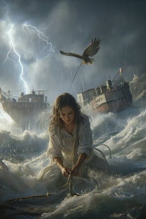 Rain-soaked girl's hands grasp a worn net, as she struggles to reel in a flapping catch amidst the tumultuous storm. The merlin, its feathers ruffled by gusts, swoops nearby. A sturdy fishing boat, battered by turbulent waves, rides the crest of high tide. Thunder booms and lightning slashes across the darkening sky, illuminating her drenched figure, net tangled around her as she stands firm against the tempest.