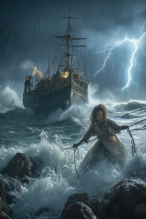 A dramatic scene unfolds as a young girl, her clothes drenched from the torrential rain, bravely wields her net to catch fish amidst the tempestuous storm. The massive Merlin boat rides the waves of high tide, its sturdy frame battered by the fury of the sea. Thunder booms and lightning crackles in the dark sky, illuminating the girl's determined pose as she battles the elements to reel in her catch.