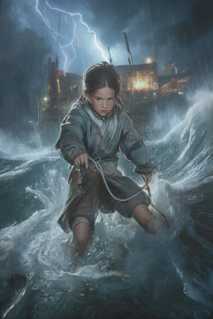 A dramatic scene unfolds as a young girl, her clothes drenched from the torrential rain, bravely wields her net to catch fish amidst the tempestuous storm. The massive Merlin boat rides the waves of high tide, its sturdy frame battered by the fury of the sea. Thunder booms and lightning crackles in the dark sky, illuminating the girl's determined pose as she battles the elements to reel in her catch.