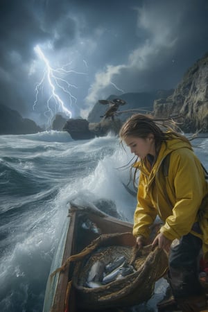 A dramatic seascape unfolds: a young girl, hair whipping in the gusty wind, grips her worn wooden fishing net as she skillfully plucks fish from the turbulent waters. Her bright yellow raincoat is drenched, clinging to her petite frame. A majestic big merlin eagle perches on the boat's edge, its piercing gaze scanning the stormy horizon. The sturdy vessel rides high on the cresting waves, buffeted by the force of the thunderstorm. In the background, a crack of thunder booms, accompanied by flashes of lightning that illuminate the darkening sky.