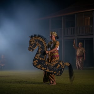 Capture the raw emotion of a young woman in white Javanese traditional attire riding kepang, her face a mask of quiet intensity, as she stands on a misty rock overlooking a waterfall. The night is silent, allowing her to connect with the primal energy of the water. Kepang. 