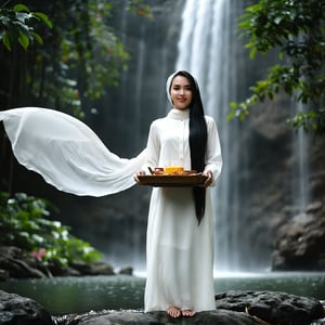 - realistic photo by professional photographer A pretty malay classic lady in a white brocade kebaya , long dark straight hair flowing under the laced shawl, serene expression , standing while hold meals tray on a large rock at the edge of a waterfall. Strong windy. 
- A beautiful wooden house with a thin veil of mist, surrounded by a dark and mysterious dense forest.
- night moonlight pierces through the foliage, creating dramatic lighting effects.
- The woman has a malay mysterious aura, as if she were a spirit.
Spontaneous, candid, natural 

Aperture: f/2.8, --ar 16:9 
shutter speed: 1/200, ISO: 100.
Camera: Canon EOS 5D Mark IV