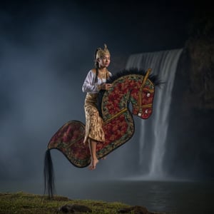 Capture the raw emotion of a young woman with long braided hair in white Javanese traditional attire riding a flying high maroon kepang with batik pattern shimmers with the ethereal glow of  green lines, her face a mask of quiet intensity, as she flying on air above a misty rock overlooking a waterfall. The night is silent, allowing her to connect with the primal energy of the water. Kepang. 