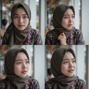 Photo grid of 4,of malay pretty lady, in hijab and baju kurung, in various expression, mad, smile, sulking, dizzy.
Spontaneous, candid, natural 

Aperture: f/2.8, --ar 16:9 
shutter speed: 1/200, ISO: 100.
Camera: Canon EOS 5D Mark IV,(best quality, 4K, 8K, high-resolution, masterpiece), ultra-detailed, best detailed, details, skin detailed, photorealism, photorealistic, intricate, elegant, highly detailed, insane details, intricate details, hyper detailed