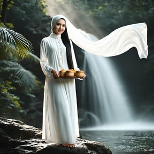 - realistic photo by professional photographer A pretty malay classic lady in a white brocade baju kurung, long dark straight hair flowing under the laced shawl, serene expression , standing while hold meals tray on a large rock at the edge of a waterfall. Strong windy. 
- A beautiful wooden house with a thin veil of mist, surrounded by a dark and mysterious dense forest.
- night moonlight pierces through the foliage, creating dramatic lighting effects.
- The woman has a malay mysterious aura, as if she were a spirit.
Spontaneous, candid, natural 

Aperture: f/2.8, --ar 16:9 
shutter speed: 1/200, ISO: 100.
Camera: Canon EOS 5D Mark IV