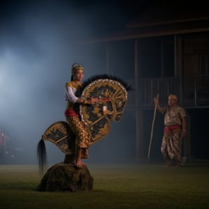 Capture the raw emotion of a young woman in white Javanese traditional attire riding kepang, her face a mask of quiet intensity, as she stands on a misty rock overlooking a waterfall. The night is silent, allowing her to connect with the primal energy of the water. Kepang. 