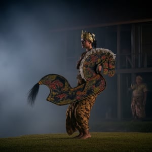 Capture the raw emotion of a young woman in white Javanese traditional attire riding kepang, her face a mask of quiet intensity, as she stands on a misty rock overlooking a waterfall. The night is silent, allowing her to connect with the primal energy of the water. Kepang. 