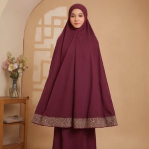 A model Salju1 gracefully wearing a beautiful deep topaz purple long telekung with intricate golden floral embroidery along the edges and around the hem, displaying traditional artistry with a modern touch. The fabric flows softly, with golden embroidery in lighter shades of purple and golden that add an exquisite contrast. The hood fits gently around the model’s face, highlighting her gracefully expression, while the flowy long drape of the telekung falls elegantly to the floor. Set against in a inricate muslim prayer room, neutral room background to emphasize the rich purple hue and detailed craftsmanship, the telekung exudes sophistication and is perfect for special occasions or prayer. Perfect anatomy, perfect image, real alamy, Spontaneous, candid, natural 