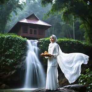 - realistic photo by professional photographer A pretty malay classic lady in a white brocade baju kurung, long dark straight hair flowing under the laced shawl, serene expression , standing while hold meals tray on a large rock at the edge of a waterfall. Strong windy. 
- A beautiful wooden house with a thin veil of mist, surrounded by a dark and mysterious dense forest.
- night moonlight pierces through the foliage, creating dramatic lighting effects.
- The woman has a malay mysterious aura, as if she were a spirit.
Spontaneous, candid, natural 

Aperture: f/2.8, --ar 16:9 
shutter speed: 1/200, ISO: 100.
Camera: Canon EOS 5D Mark IV