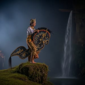 Capture the raw emotion of a young woman in white Javanese traditional attire riding kepang, her face a mask of quiet intensity, as she stands on a misty rock overlooking a waterfall. The night is silent, allowing her to connect with the primal energy of the water. Kepang. 