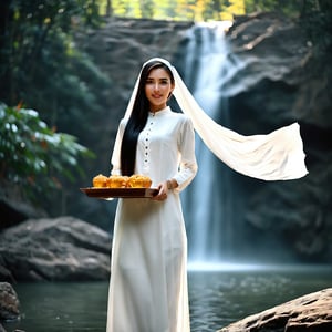 - realistic photo by professional photographer A pretty malay classic lady in a white brocade kebaya , long dark straight hair flowing under the laced shawl, serene expression , standing while hold meals tray on a large rock at the edge of a waterfall. Strong windy. 
- A beautiful wooden house with a thin veil of mist, surrounded by a dark and mysterious dense forest.
- night moonlight pierces through the foliage, creating dramatic lighting effects.
- The woman has a malay mysterious aura, as if she were a spirit.
Spontaneous, candid, natural 

Aperture: f/2.8, --ar 16:9 
shutter speed: 1/200, ISO: 100.
Camera: Canon EOS 5D Mark IV