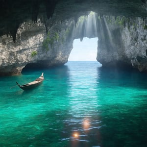 Inside a majestic sea cave, the view opens up to reveal turquoise waters shimmering under natural sunlight streaming through an opening above. Jagged rock formations rise from the cave floor and walls, some covered with green moss, creating a dramatic contrast with the deep blue hues of the water.Sampan, The reflections dance on the cave's stone walls, casting a mystical glow. In the distance, the mouth of the cave frames a serene view of the ocean, where gentle waves lap against the rocks, blending the peaceful ambiance of the cave with the beauty of the open sea. Real alamy,perfect anatomy. 