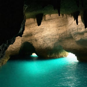 Inside a majestic sea cave, the view opens up to reveal turquoise waters shimmering under natural sunlight streaming through an opening above. Jagged rock formations rise from the cave floor and walls, some covered with green moss, creating a dramatic contrast with the deep blue hues of the water. The reflections dance on the cave's stone walls, casting a mystical glow. In the distance, the mouth of the cave frames a serene view of the ocean, where gentle waves lap against the rocks, blending the peaceful ambiance of the cave with the beauty of the open sea. Real alamy,perfect anatomy. 