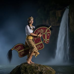 Capture the raw emotion of a young woman with long braided hair in white Javanese traditional attire riding a flying high maroon kepang with batik pattern shimmers with the ethereal glow of  green lines, her face a mask of quiet intensity, as she flying on air above a misty rock overlooking a waterfall. The night is silent, allowing her to connect with the primal energy of the water. Kepang. 