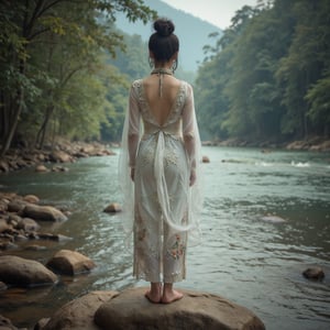 Traditional Malay woman, standing on rock, back view, hair bun, long neck, noble jewelry, baju kurung kebaya, white baju kurung, transparent veil, embroidery, barefoot, polite body contour, perfect body ratio, tropical river, lush greenery, fantasy setting, mysterious, bunian, folklore, thin fog, ethereal ambiance, halftone, sepia color effect, high resolution, detailed.

Aperture: f/2.8, --ar 16:9 
shutter speed: 1/200, ISO: 100.
Camera: Canon EOS 5D Mark IV,(best quality, 4K, 8K, high-resolution, masterpiece), ultra-detailed, best detailed, details, skin detailed, photorealism, photorealistic, intricate, elegant, highly detailed, insane details, intricate details, hyper detailed