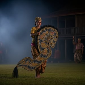 Capture the raw emotion of a young woman in white Javanese traditional attire riding kepang, her face a mask of quiet intensity, as she stands on a misty rock overlooking a waterfall. The night is silent, allowing her to connect with the primal energy of the water. Kepang. 