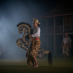 Capture the raw emotion of a young woman in white Javanese traditional attire riding kepang, her face a mask of quiet intensity, as she stands on a misty rock overlooking a waterfall. The night is silent, allowing her to connect with the primal energy of the water. Kepang. 