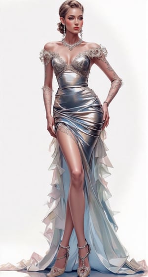 A beautiful European beauty with a tall, sexy, and well-proportioned figure, dressed in fashionable clothes for a high-end cocktail party, exuding luxury and elegance with an aristocratic feel inspired by the most popular Paris and Italian fashions. The artwork features a detailed, realistic depiction in watercolor and gouache, showcasing a lifelike quality and masterpiece status. The 128K resolution captures colored light wavelengths, attractive reflections, and a fine gouache sketch of her full body on display. The modern art style highlights the beauty's allure and sophistication.