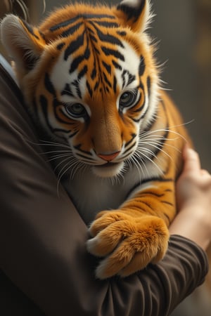 A realistic photo of a little tiger tightly hugging a person's arm with its paws, captured in a close-up shot. The tiger's fur is detailed and lifelike, with the person's arm visible beneath its paws. The scene is softly lit, creating a warm and intimate atmosphere. Midjourney_Whisper.