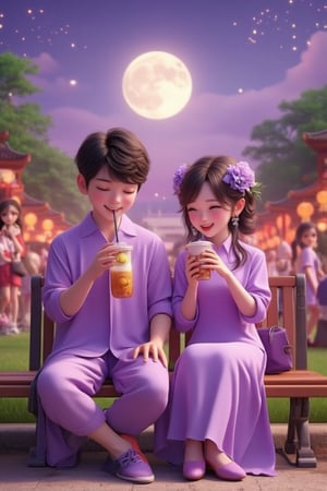 A modern Chinese Moon Festival scene in a bustling park, a handsome boy and a beautiful girl dressed in matching purple outfits, sitting on a bench. They are enjoying traditional mooncakes, specifically round egg yolk pastries filled with red bean paste and a whole egg yolk, under the full moon. The summer heat is evident as they wear light summer clothing. They sip pearl milk tea, chatting and laughing joyfully, despite the crowd around them. The scene is illuminated by the bright, round moon, captured in an official art style with detailed, vibrant colors.