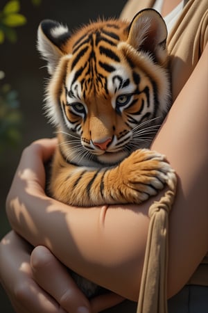 Realistic photo of a little tiger tightly hugging a person's arm with its paws, captured in a close-up shot. The tiger's fur is detailed, with sharp eyes and playful expression. The person's arm is gently wrapped around the tiger, creating a warm and intimate moment. Soft natural lighting enhances the texture of the fur and the gentle embrace. Midjourney_Whisper.