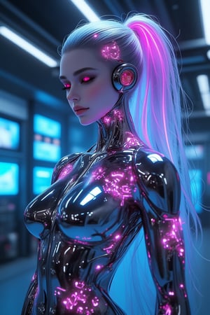 Stylish female robot with a mirror-polished chrome body reflecting its surroundings, featuring feminine curves and vibrantly colored cables extending from its head like hair. Intricate, glowing pink and blue tattoos cover its metallic skin, creating circuit designs that shimmer with an ethereal glow. The robot stands in a futuristic laboratory, surrounded by holographic displays and advanced technology, with eyes radiating gentleness and wisdom. Hyper-realistic details, 128K resolution, ray tracing, cinematic lighting. Super masterpiece.