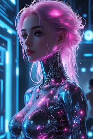 Stylish female robot with a mirror-polished chrome body reflecting its surroundings, featuring feminine curves and vibrantly colored cables extending from its head like hair. Intricate, glowing pink and blue tattoos cover its metallic skin, creating circuit designs that shimmer with an ethereal glow. The robot stands in a futuristic laboratory, surrounded by holographic displays and advanced technology, with eyes radiating gentleness and wisdom. Hyper-realistic details, 128K resolution, ray tracing, cinematic lighting. Super masterpiece.