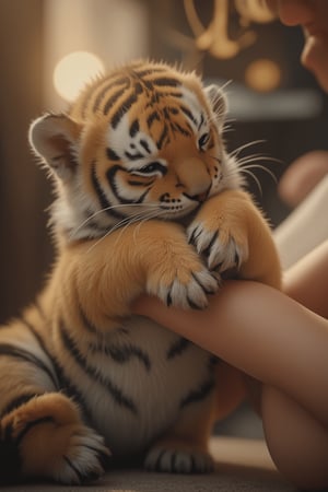 A realistic photo of a little tiger tightly hugging a person's arm with its paws, captured in a close-up shot. The tiger's fur is detailed and lifelike, with the person's arm visible beneath its paws. The scene is softly lit, creating a warm and intimate atmosphere. Midjourney_Whisper.