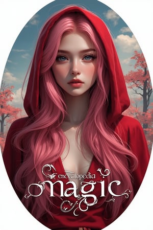 Rococo stylized logo with a circular design, featuring a young, beautiful, and attractive woman with long pink hair, mood art, and wearing a red hooded dress in the center. The colorful background contrasts nicely with the platinum text Encyclopedia of Magic. The minimalist composition highlights the logo's unique typography.