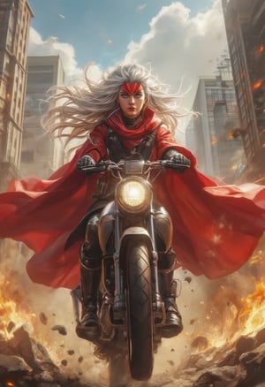 Close-up shot of the warrior girl's determined face as she strikes the red stripes of the Warrior Mark on her forehead, wind whipping her flowing white hair. She wears sleek futuristic armor beneath her crimson red coat, which billows behind her like a cape. Amidst the chaos of a burning cityscape, she rides her high-tech bike, smoke and flames engulfing the background as she charges forward.