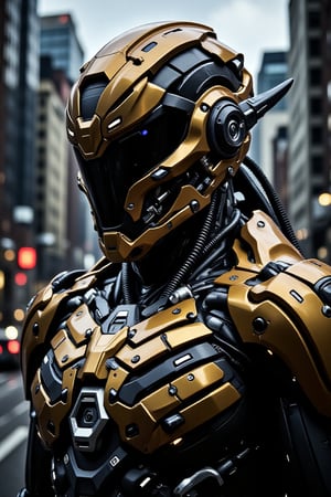 A close-up of a futuristic, armored figure, possibly a soldier or a soldier, with a helmet that obscures their face. The helmet is predominantly gold with a black visor, and it features a silver emblem on the front. The armor is intricately designed with various mechanical components, including tubes, wires, and panels, all in a metallic sheen. The figure is wearing a dark, possibly black, uniform with silver and black accents. The background is blurred, but it appears to be an urban setting with tall buildings, suggesting a cityscape. The overall style of the image is dramatic and intense, emphasizing the futuristic nature of the subject.