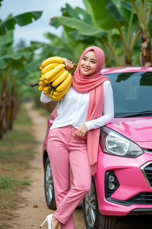 Korean teenage girl.wearing a stylish pink hijab with a long scarf, white long sleeve stylish shirt and pink pants, modest stylish pose. carrying a bunch of yellow matured bananas on her shoulder with her right hand and happy face. Banana tree in the middle of banana orchard., lean pose on the pink Proton X50(x50style:0.9) car at the dirt pathway in the banana orchard. she hair her light fair skin. she is wearing white heels