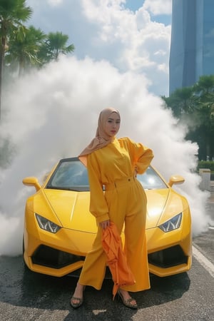 A high-speed shot with close up portrait of a Malay woman wearing a hijab with a long scarf, wind blowing her scarf, she is wearing trendy long sleeve outfit with trendy coat, belt and accessories, overall color of her outfit must be harmonized. she is posing with a trendy pose in front of a bright yellow Lamborghini, its sleek design glistening in the sunlight, as it expertly drifts around a sharp corner, sending a colossal wave of water soaring into the air. The camera captures the thrilling moment from a low angle, showcasing the vehicle's tires screeching against the wet asphalt near MERDEKA tower, and the droplets suspended in mid-air, creating a mesmerizing display of power and precision. 