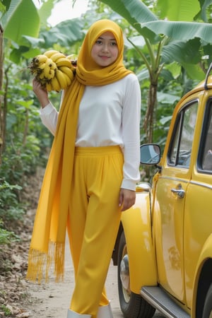 side view of Unprofessional photo taken in haste with a low quality camera of a Korean teenage girl.wearing a stylish yellow hijab with a long scarf, white long sleeve stylish shirt and yellow pants, modest stylish pose. carrying a bunch of yellow ripened bananas on her shoulder with her right hand and happy face. Banana tree in the middle of banana orchard., read pose on the yellow Volkswagon Beetle car at the dirt pathway in the banana orchard. she hair her light fair skin. she is wearing white rubber boots
