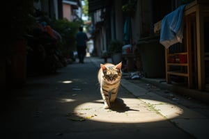  running cat lit by a spot light, stealing a fish from a market