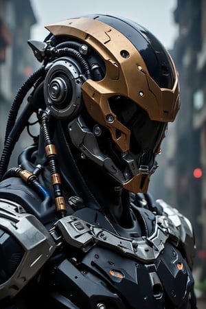 A close-up of a futuristic, armored figure, possibly a soldier or a soldier, with a helmet that obscures their face. The helmet is predominantly gold with a black visor, and it features a silver emblem on the front. The armor is intricately designed with various mechanical components, including tubes, wires, and panels, all in a metallic sheen. The figure is wearing a dark, possibly black, uniform with silver and black accents. The background is blurred, but it appears to be an urban setting with tall buildings, suggesting a cityscape. The overall style of the image is dramatic and intense, emphasizing the futuristic nature of the subject.