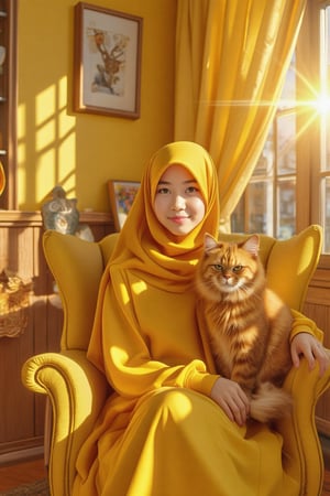 closeup portrait of a youthful beauty poses regally amidst a sun-kissed backdrop. A stylishly yellow dressed young hijab girl sits majestically in a bright yellow wing chair, she is wearing long hijab scarf, accompanied by her loyal feline companion perched beside her. The walls of the room are painted a warm shade of yellow, adorned with whimsical wood grain wainscoting and decorative accents that match the cat's vibrant hue. A lens flare from the window adds a touch of drama to the scene, as if the sun itself is highlighting this tender moment between girl and feline.